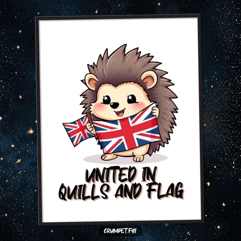 Funny Free Printable Wall Art of a happy hedgehog holding a Union Jack flag, adding patriotic charm and humor.