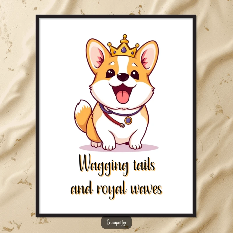 Funny Free Printable Wall Art: Excited corgi in royal regalia wags tail vigorously, regal and amusing art.