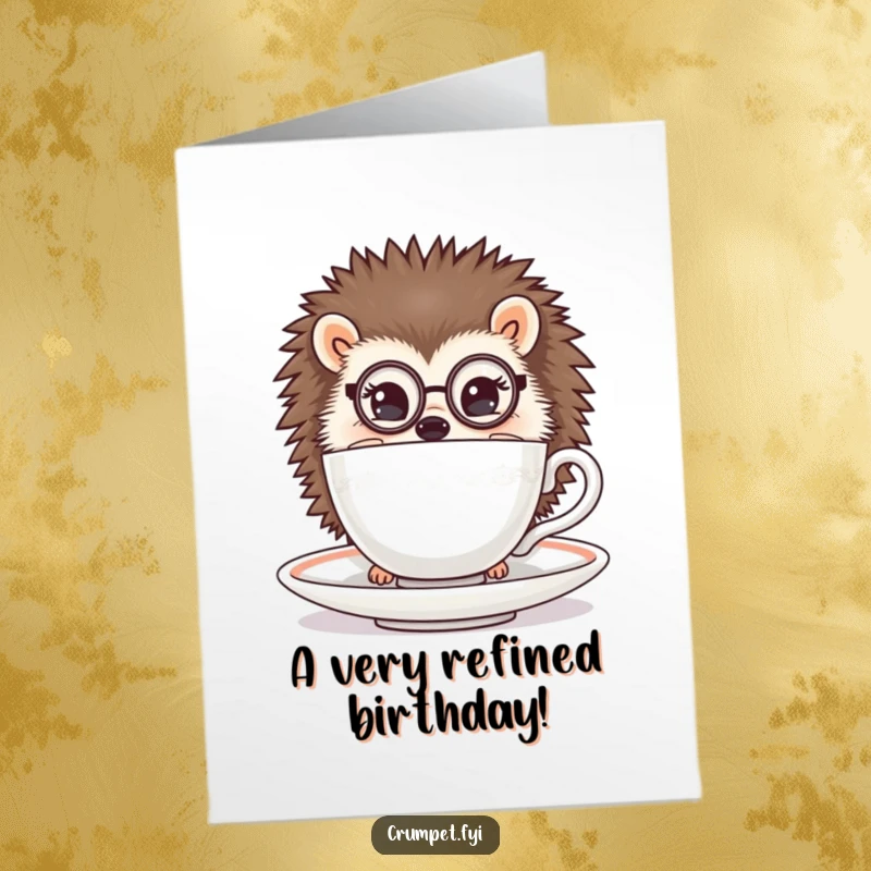 Funny Free Printable Birthday Card: A hedgehog wearing a monocle peeks from behind a teacup, perfect for a DIY celebration.
