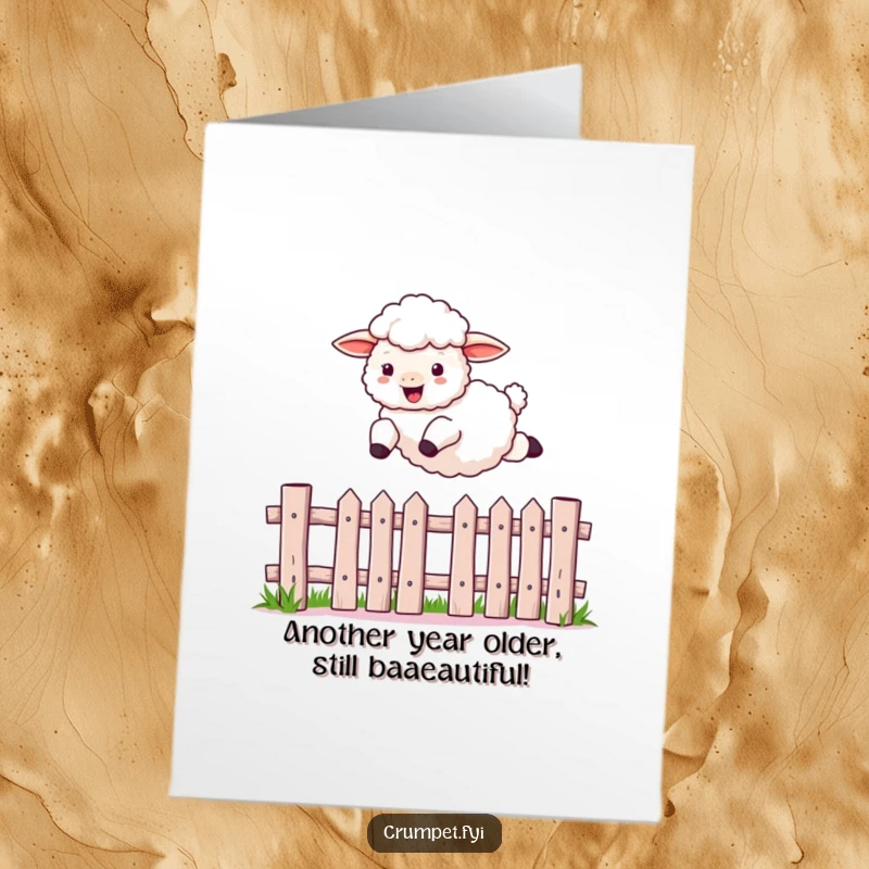 Funny Free Printable Birthday Card: Fluffy sheep leaping joyfully over a picket fence, celebrating with a birthday wish.