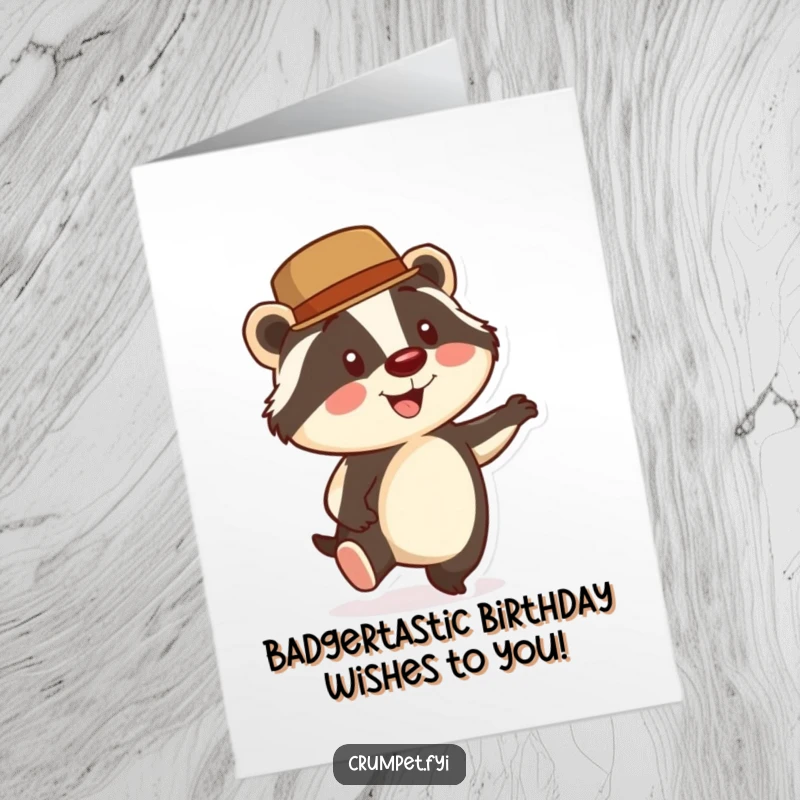 Funny Free Printable Birthday Card: Smiling badger in a bowler hat taps foot energetically, a charming birthday greeting.