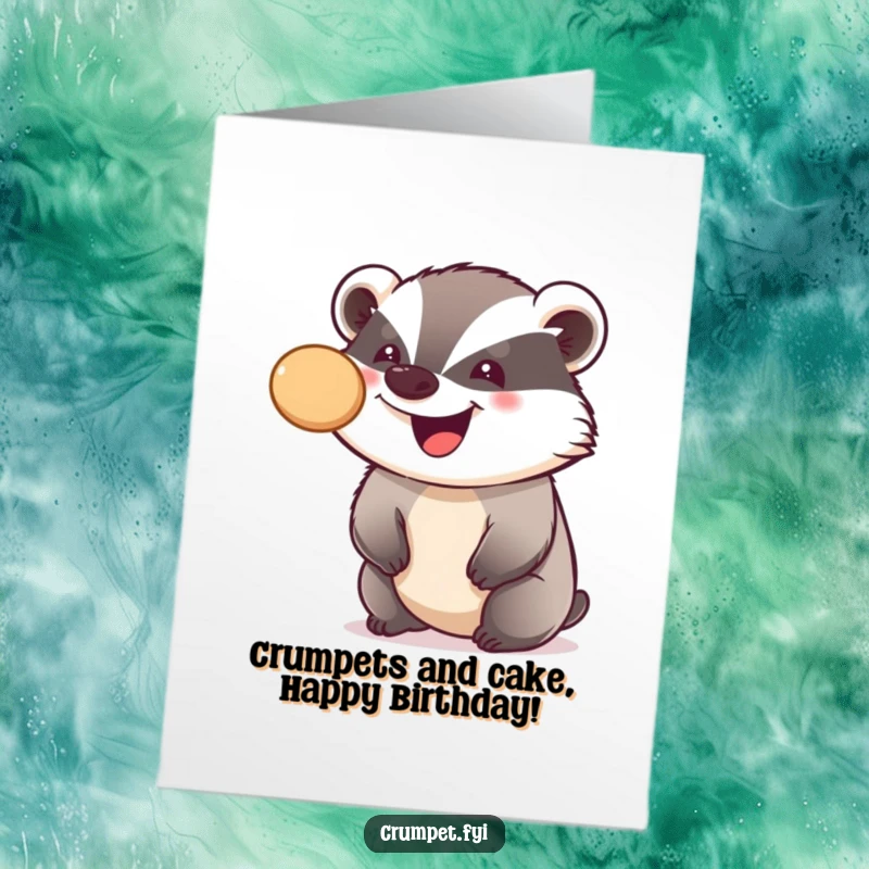 Funny Free Printable Birthday Card: A grinning badger skillfully bouncing a single crumpet off its nose.