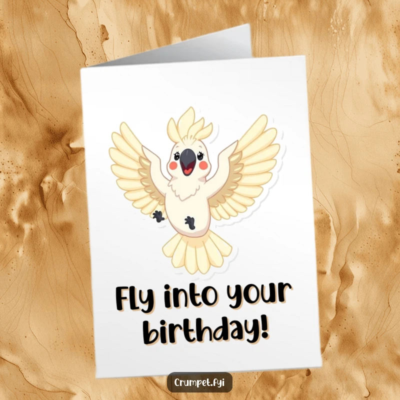 Funny Free Printable Cockatoo Birthday Card: A happy cockatoo flies with outstretched wings, delivering birthday cheer.