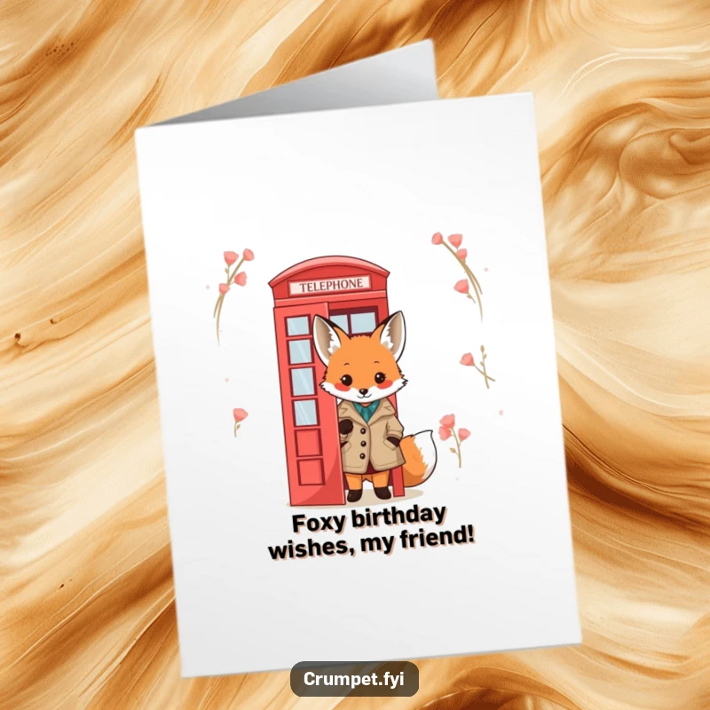 Funny Free Printable Birthday Card: Cute fox in tweed jacket peeking from red telephone box, a fun birthday surprise.