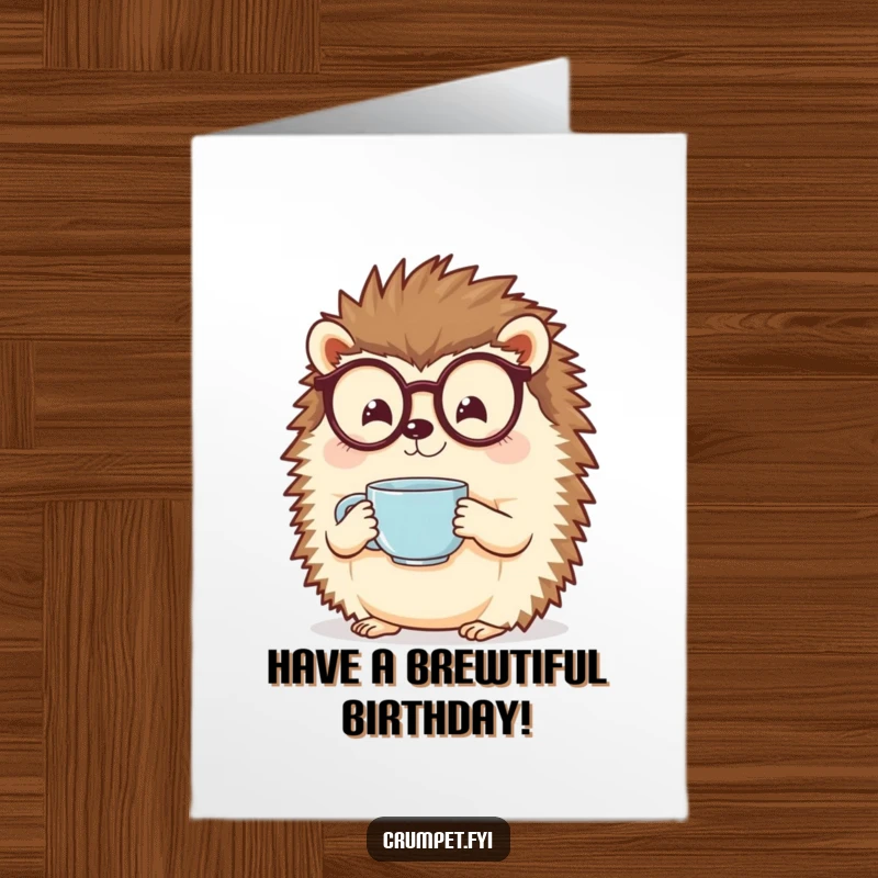 Funny Free Printable Birthday Card: A cheerful hedgehog wearing spectacles enjoys a steamy cup of tea.