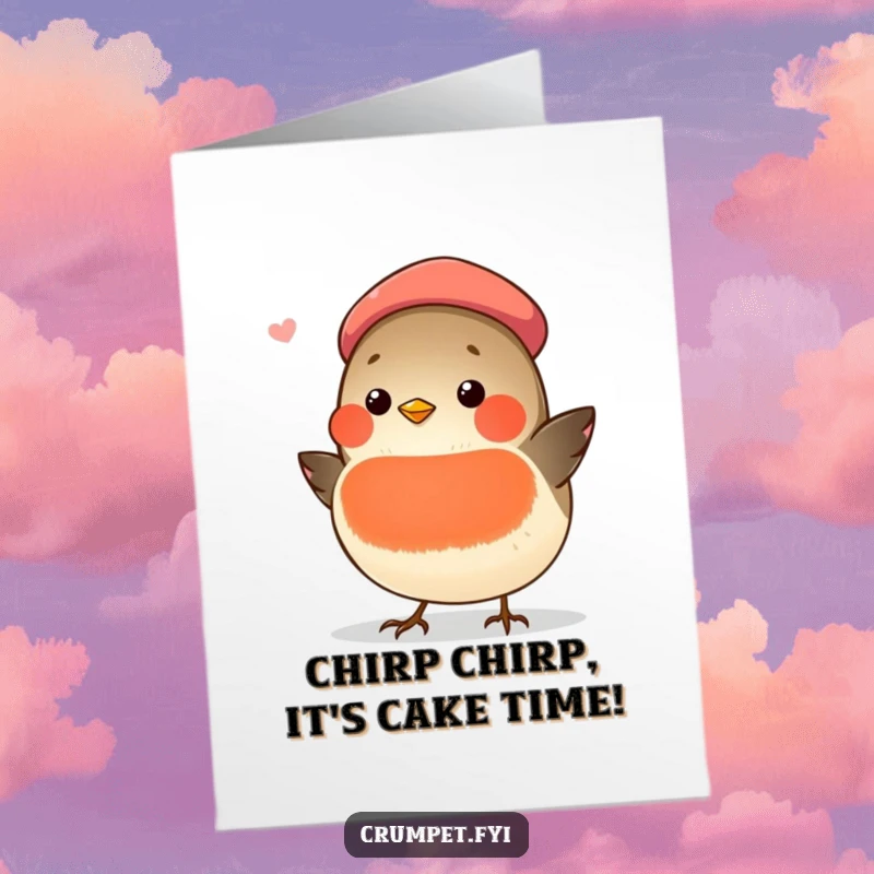 Funny Free Printable Birthday Card: Chubby Robin in Beret Singing Joyfully, Spreading Musical Cheer