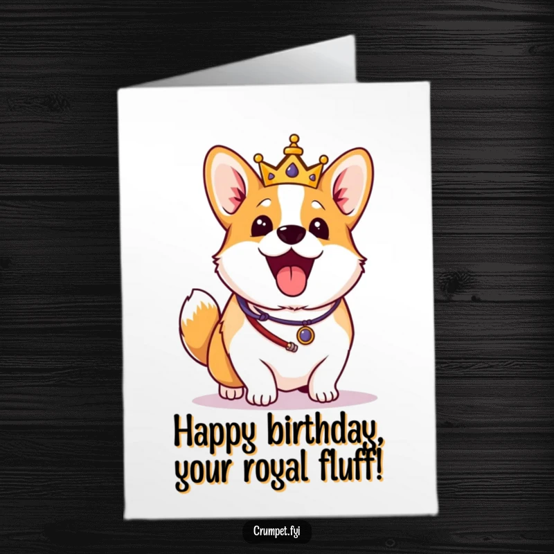 Funny Free Printable Birthday Card: Excited corgi in royal regalia wags tail vigorously, a joyous birthday greeting.