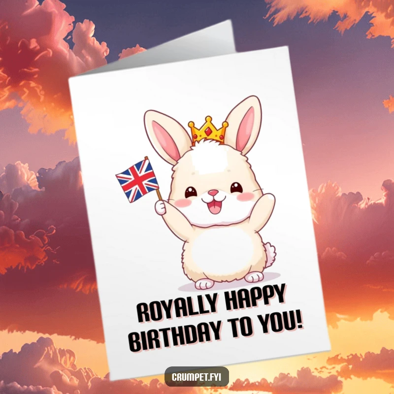 Funny Free Printable Birthday Card: Fluffy bunny in crown joyfully waving Union Jack, perfect for a hilarious DIY card.