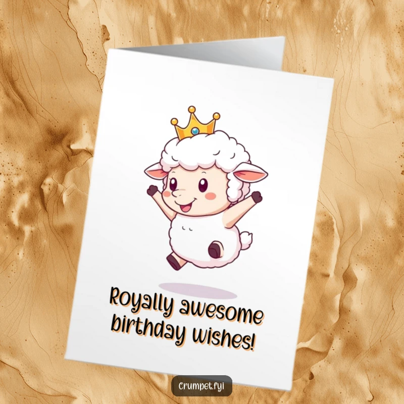 Funny Free Printable Birthday Card: A fluffy sheep wearing a crown leaps joyfully, spreading birthday cheer. Hilarious downloadable greeting.