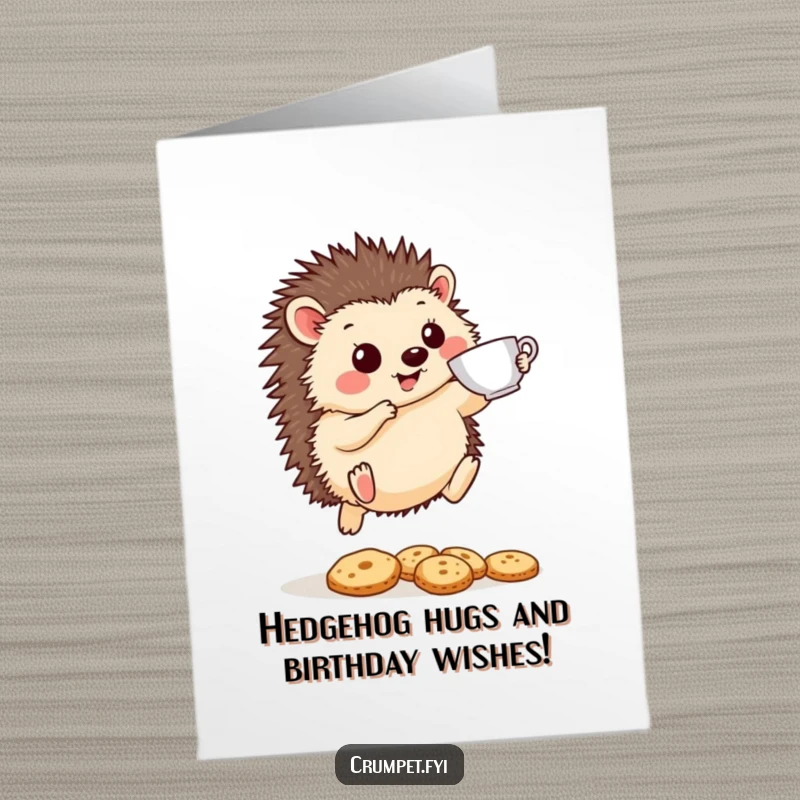Funny Free Printable Birthday Card: Cheerful hedgehog with teacup leaps over biscuits, a delightful and funny birthday wish.