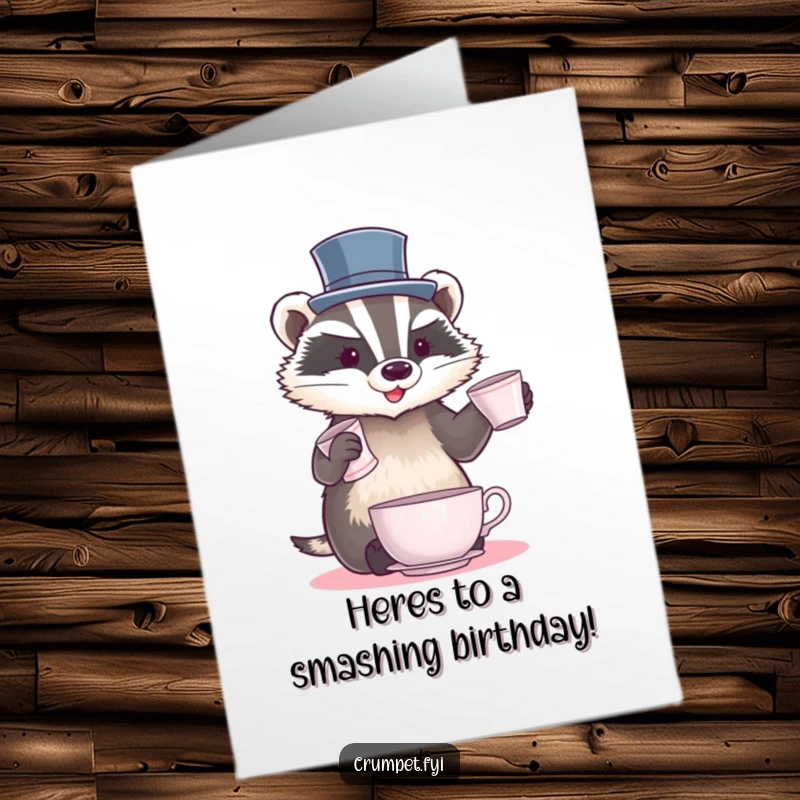 Funny Free Printable Birthday Card: A badger in a tiny top hat juggles teacups with a flourish. Hilarious downloadable greeting.