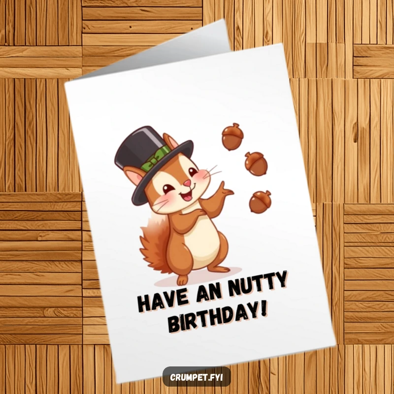 Funny Free Printable Birthday Card: A squirrel in a bowler hat juggles acorns with pure glee, perfect for a DIY celebration.