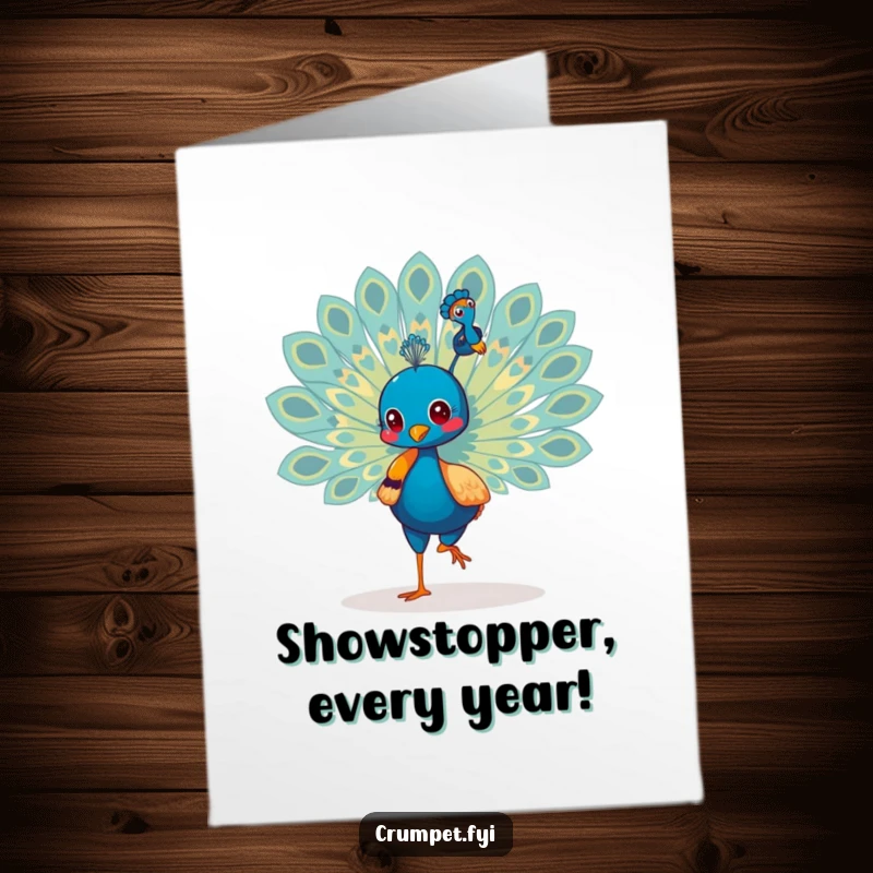 Funny Free Printable Birthday Card featuring a strutting peacock proudly displaying its magnificent, colorful tail feathers, a vibrant design.