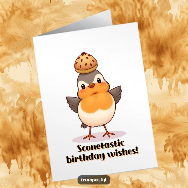 Funny Free Printable Birthday Card: A proud robin puffs its chest, perfectly balancing a scone on its head.