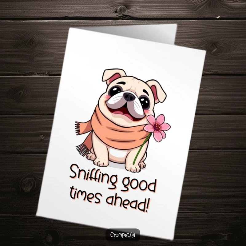 Funny Free Printable birthday card featuring a content bulldog in a scarf happily smelling a vibrant flower.
