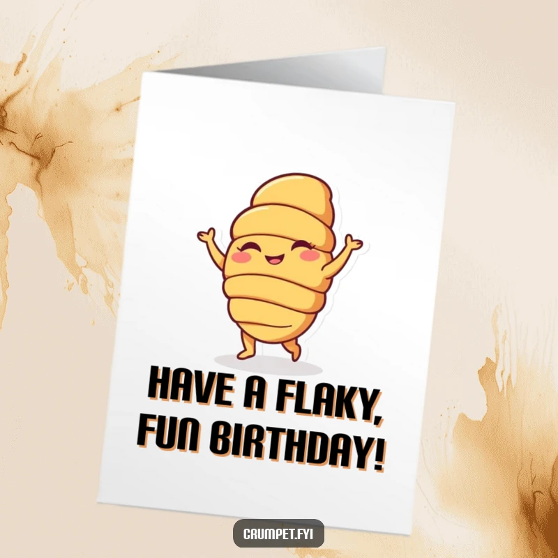 Funny Free Printable Birthday Card: A cheerful croissant character doing a goofy dance, spreading birthday joy with its silly moves, downloadable.