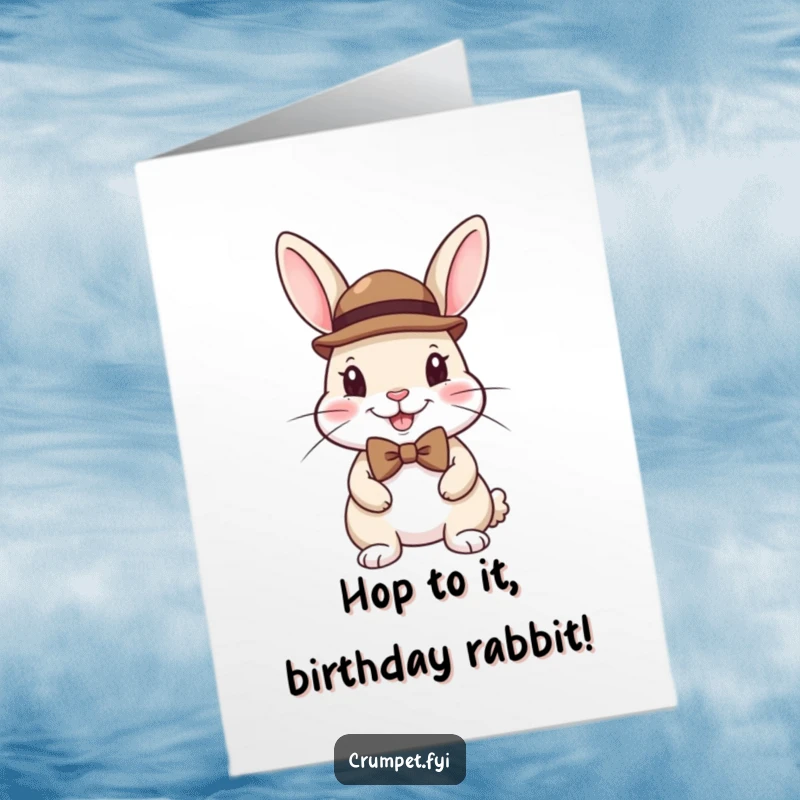 Funny free printable birthday card: a cheerful rabbit proudly wearing a small bowler hat and a smart bow tie.