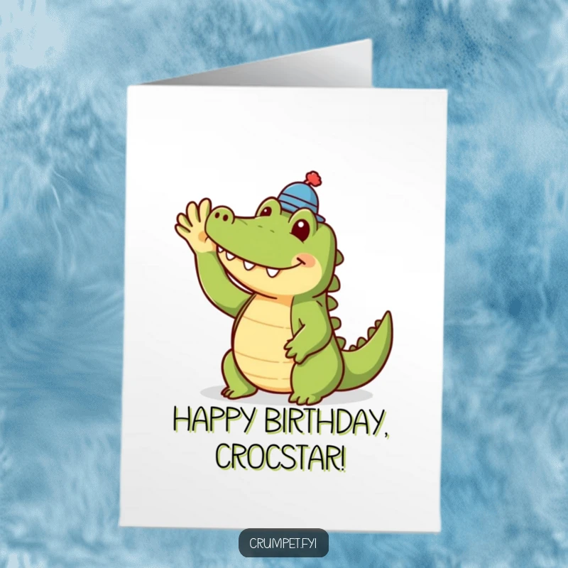 Funny Free Printable Crocodile Birthday Card: A smiling crocodile wearing a tiny hat waves enthusiastically for a birthday.