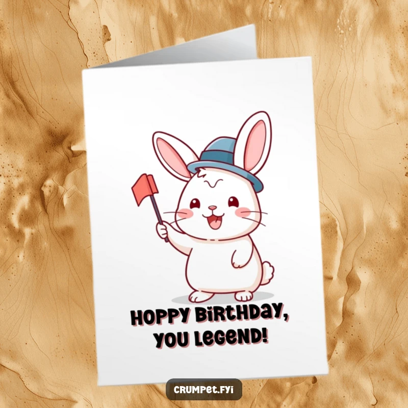 Funny Free Printable birthday card featuring a beaming rabbit in a bowler hat enthusiastically waving a small flag.