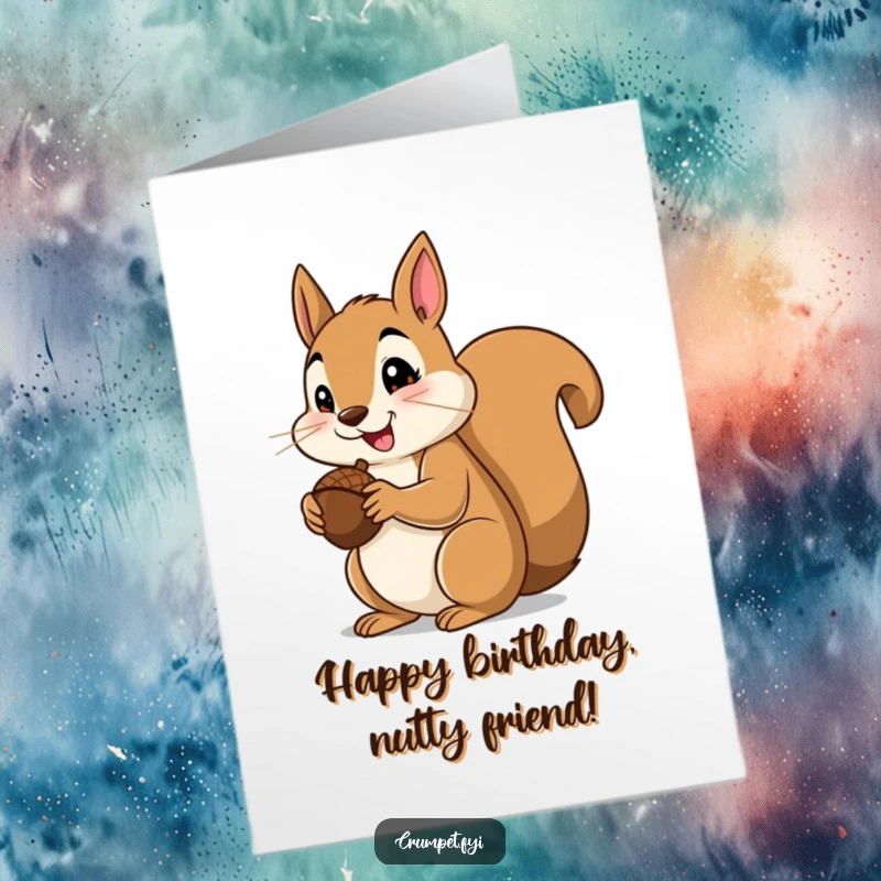 Funny Free Printable Birthday Card: A contented squirrel nibbling an acorn happily, giving a big thumbs up for birthday wishes.