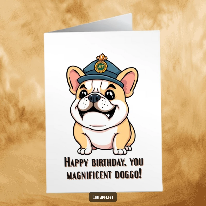 Funny Free Printable Birthday Card: Happy bulldog in a ceremonial hat strikes a confident pose, a bold DIY greeting.