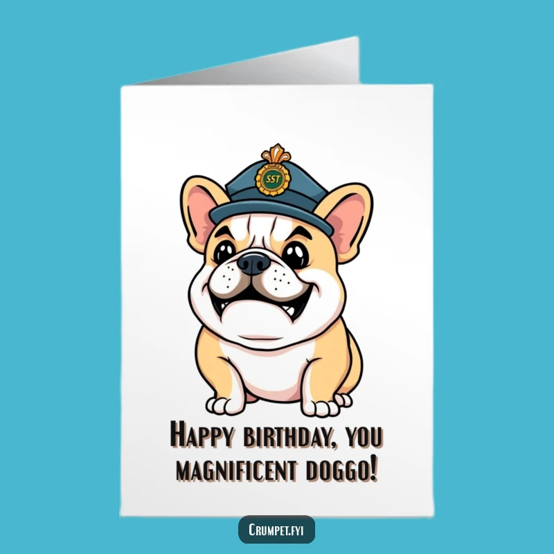 Free Printable Birthday Card: Confident Bulldog, Ceremonial Hat, Funny DIY Downloadable Gift