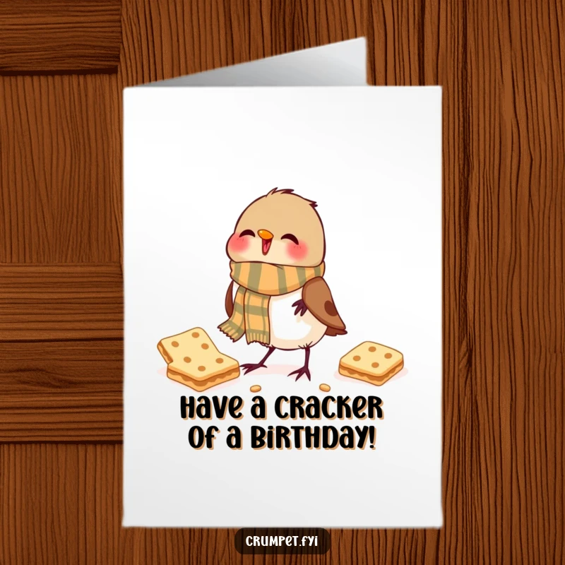 Funny Free Printable Birthday Card: A jubilant robin in a scarf pecks a biscuit, a humorous and charming DIY greeting.
