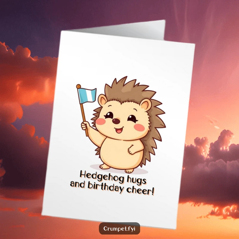 Funny Free Printable Birthday Card featuring a smiling hedgehog waving a tiny flag, perfect for a cheerful DIY gift.
