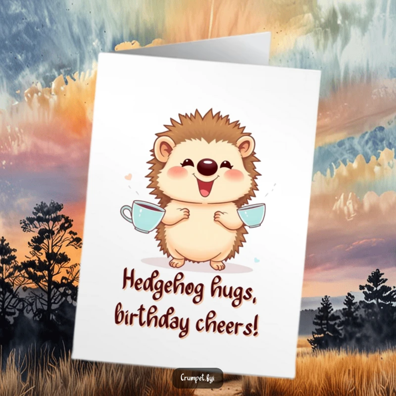 Funny Free Printable Birthday Card: Giggling hedgehog proudly juggles tiny teacups ready for a celebration.