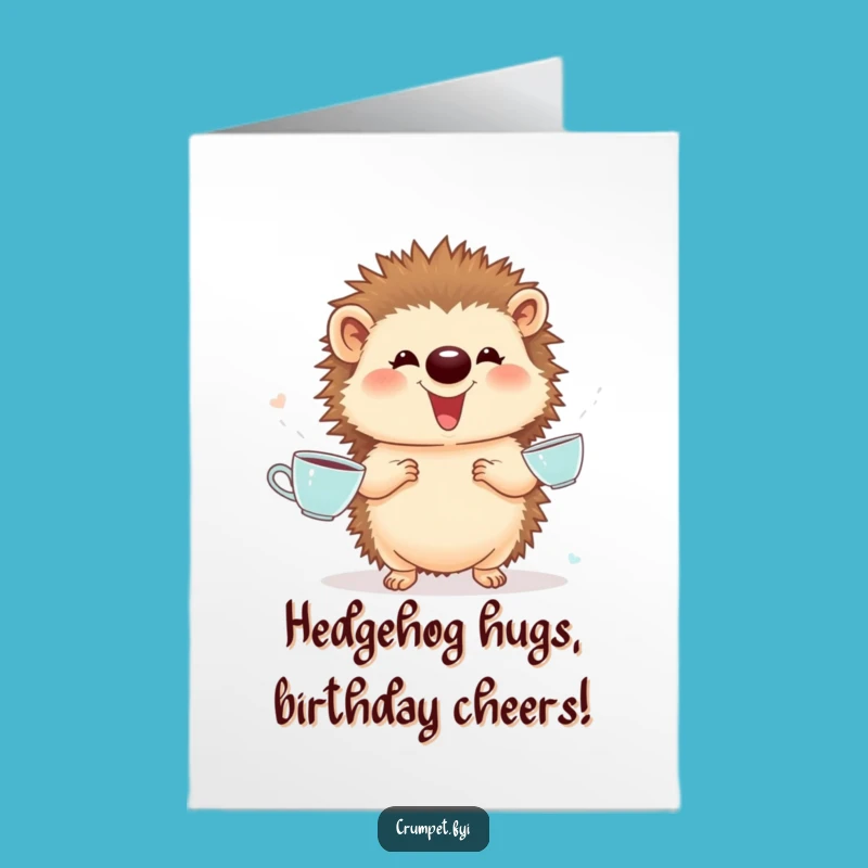 Free Printable Birthday Card: Giggling Hedgehog Juggling Teacups Funny Downloadable Gift