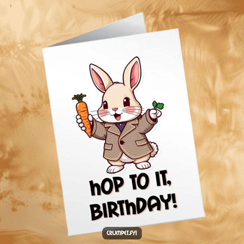 Funny Free Printable Birthday Card: A rabbit in a tweed jacket enthusiastically points with a carrot, perfect for DIY joy.