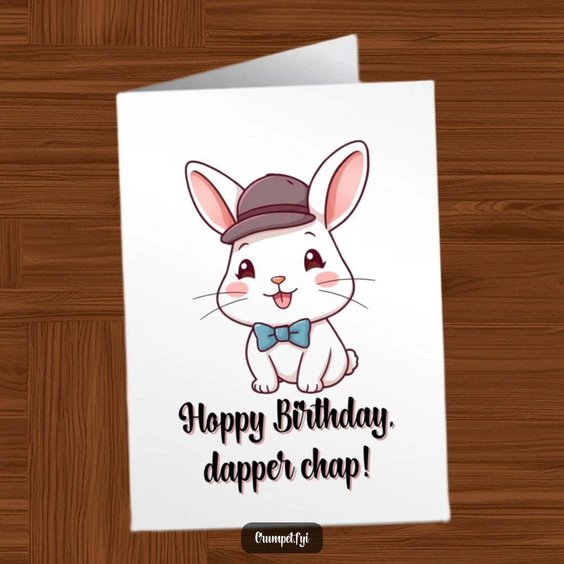 Funny Free Printable Birthday Card: A happy rabbit wearing a small bowler hat and a dapper bow tie.