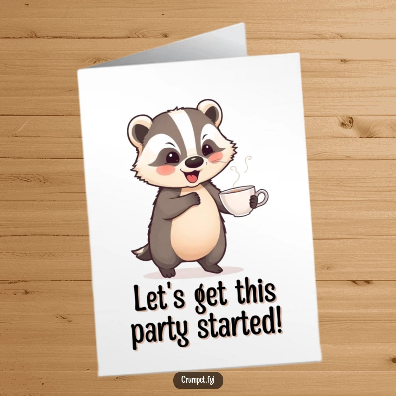 Funny Free Printable Birthday Card: A playful badger energetically dances with a teacup, celebrating a happy birthday.