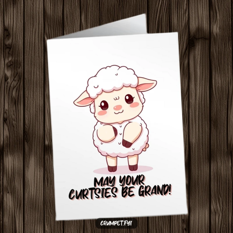 Funny Free Printable Birthday Card: A fluffy sheep attempts a clumsy curtsy with a polite smile, perfect for a DIY laugh.