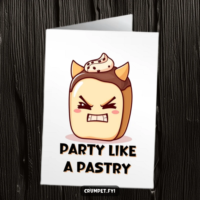 Funny Free Printable Birthday Card: Pain au chocolat character winking playfully with a devilish grin, suggesting a bit of naughty birthday fun.