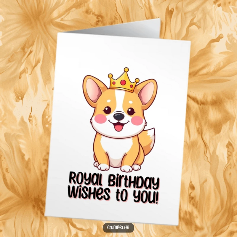 Funny Free Printable Birthday Card featuring a happy corgi in a crown, wagging its tail, perfect for a royal celebration.