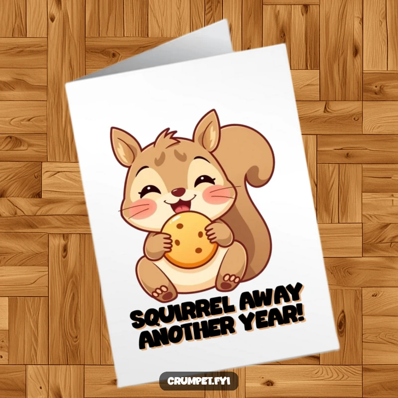 Funny Free Printable Birthday Card featuring a delighted squirrel holding a biscuit, perfect for a yummy celebration.