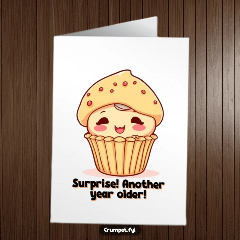 Funny Free Printable Birthday Card: Playful muffin character peeking out mischievously from behind a larger pastry, ready to surprise.