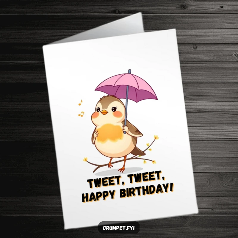 Funny Free Printable Birthday Card: A cheerful robin holding a tiny umbrella happily chirps a birthday tune, spreading joy.