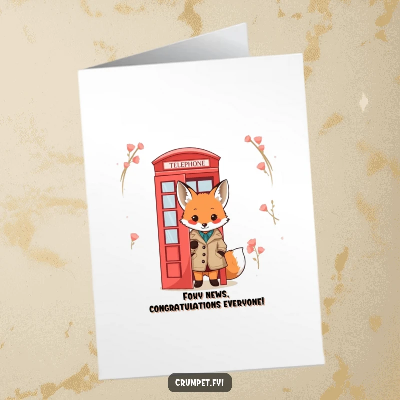 Funny Free Printable Congrats Card: Fox in a tweed jacket peeks from a red telephone box, a sophisticated celebration.