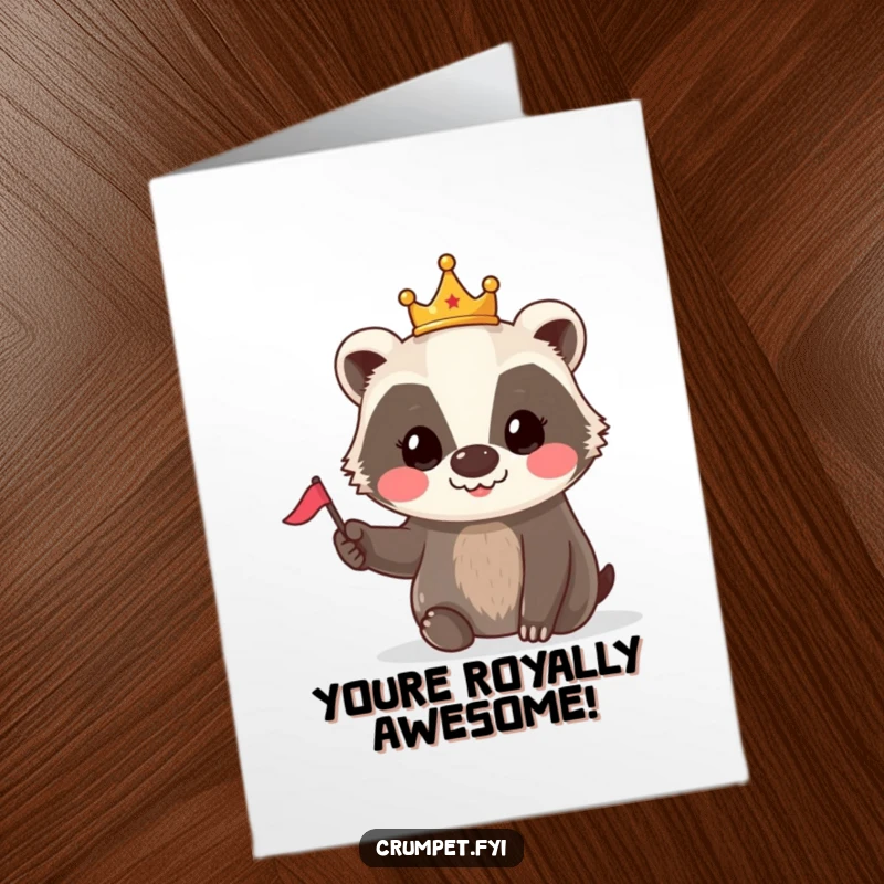 Funny Free Printable Congrats Card: A badger wearing a tiny crown proudly waves a small flag in celebration.