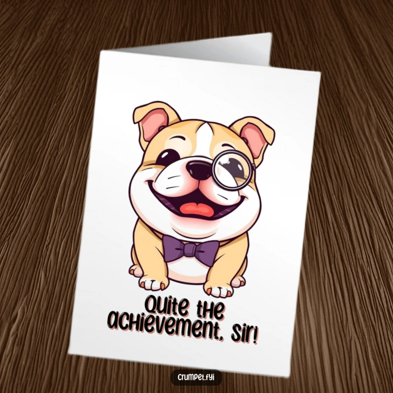 Funny Free Printable Congratulations Card: A sophisticated bulldog in a monocle and bow tie offers congratulations with a proud, distinguished air.