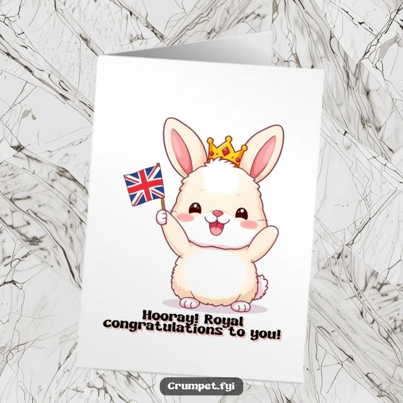 Funny Free Printable Congrats Card: Fluffy bunny wearing a crown waves a Union Jack, perfect for a royal celebration.