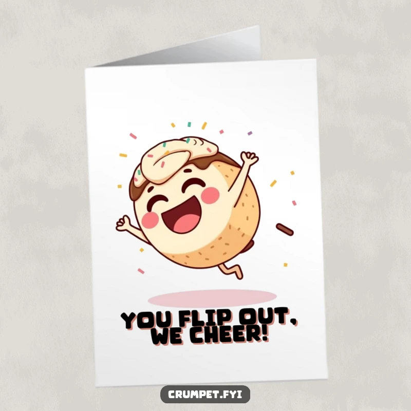 Funny free printable congratulations card with a coffee cake character cartwheeling joyfully amidst a sprinkle explosion.