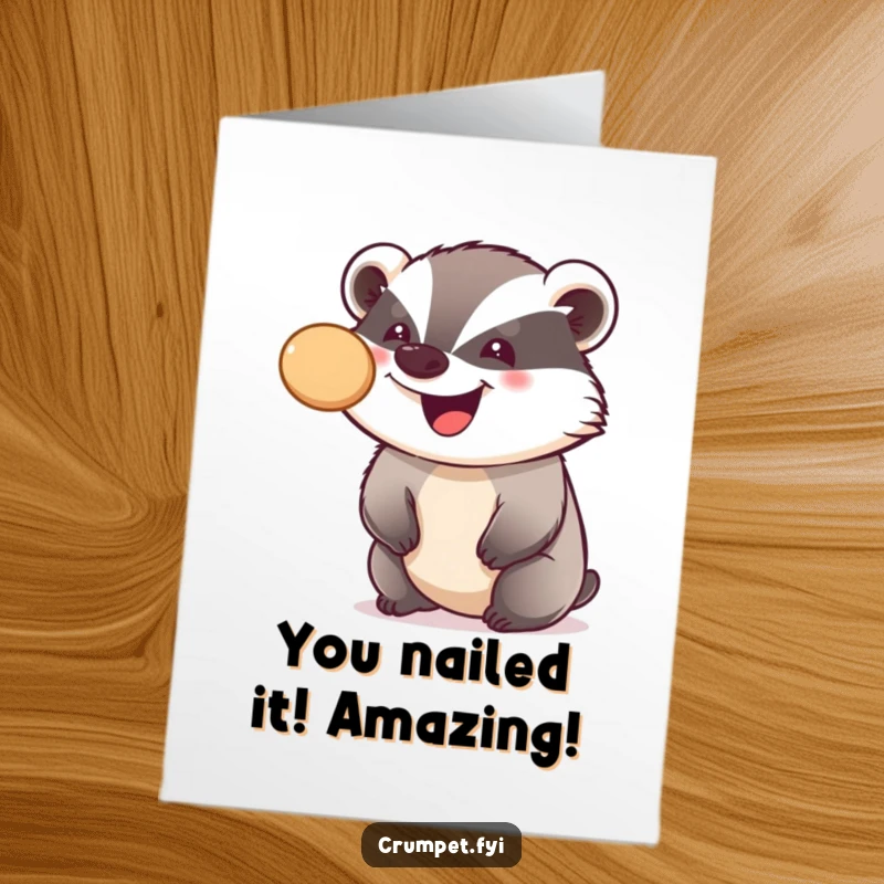 Funny Free Printable Congratulations Card: A smiling badger balancing a crumpet on its nose with impressive skill.