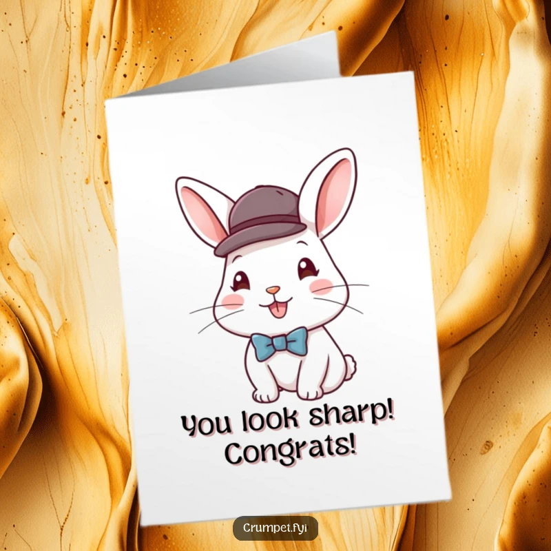 Funny Free Printable Congratulations Card: A happy rabbit looking sharp in a tiny bowler hat and bow tie.