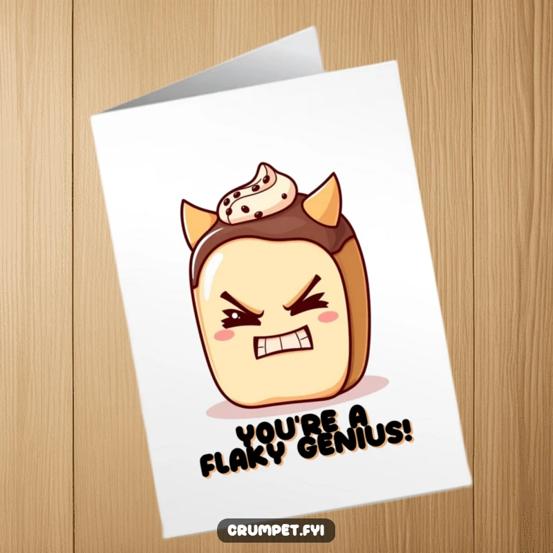 Funny Free Printable Congratulations Card: Pain au chocolat character winking mischievously, giving a devilish grin to celebrate a success.