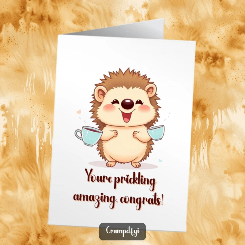 Funny Free Printable Congratulations Card: Proud hedgehog artistically juggles miniature teacups to celebrate an achievement.