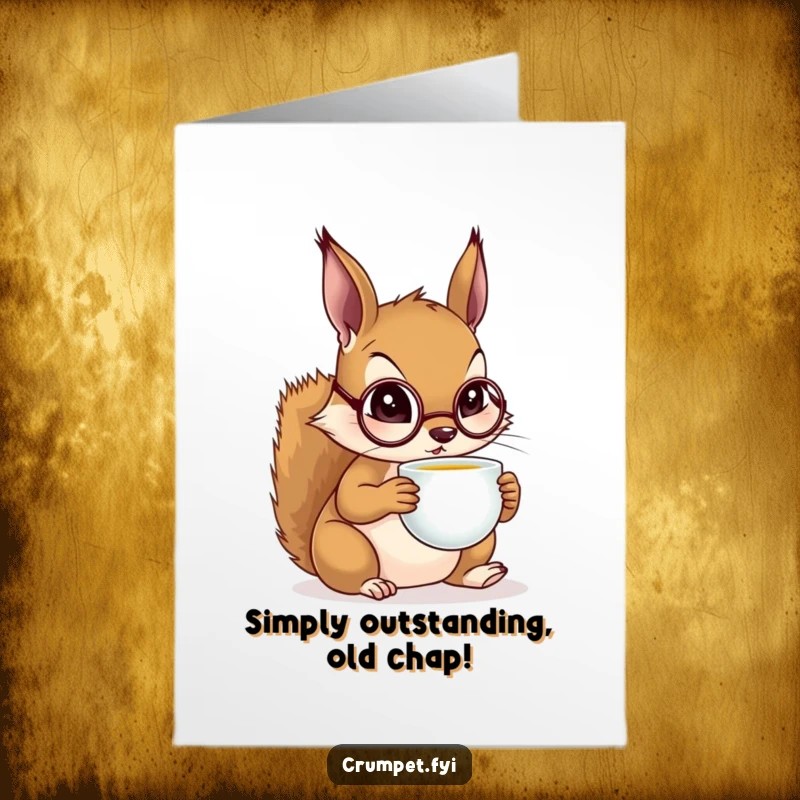 Funny Free Printable Congratulations Card: A squirrel wearing a monocle sips tea, exuding refined charm. Hilarious downloadable card.