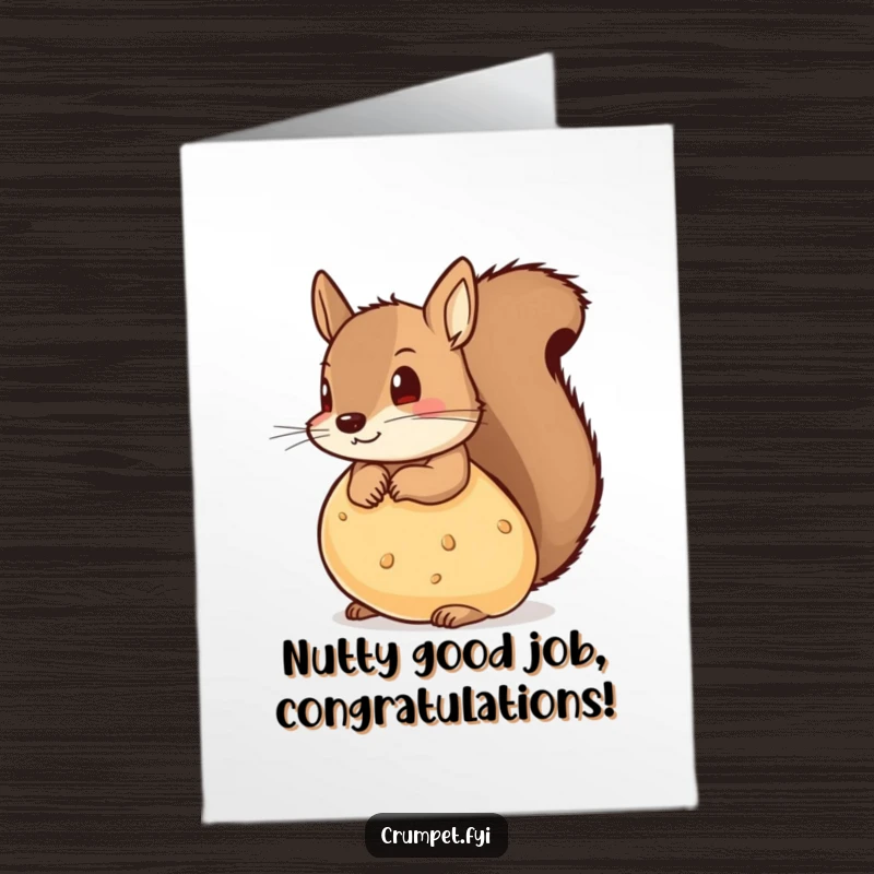 Free printable congratulations card: a mischievous squirrel peeks from behind a large crumpet, perhaps celebrating a hidden treat or achievement.